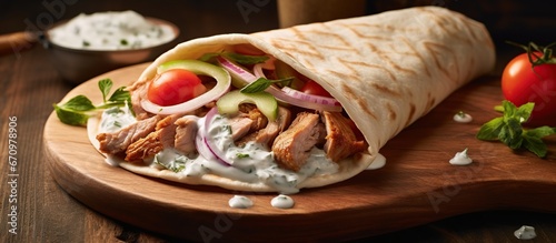 Gyros with Tzatziki served on a wooden dining table