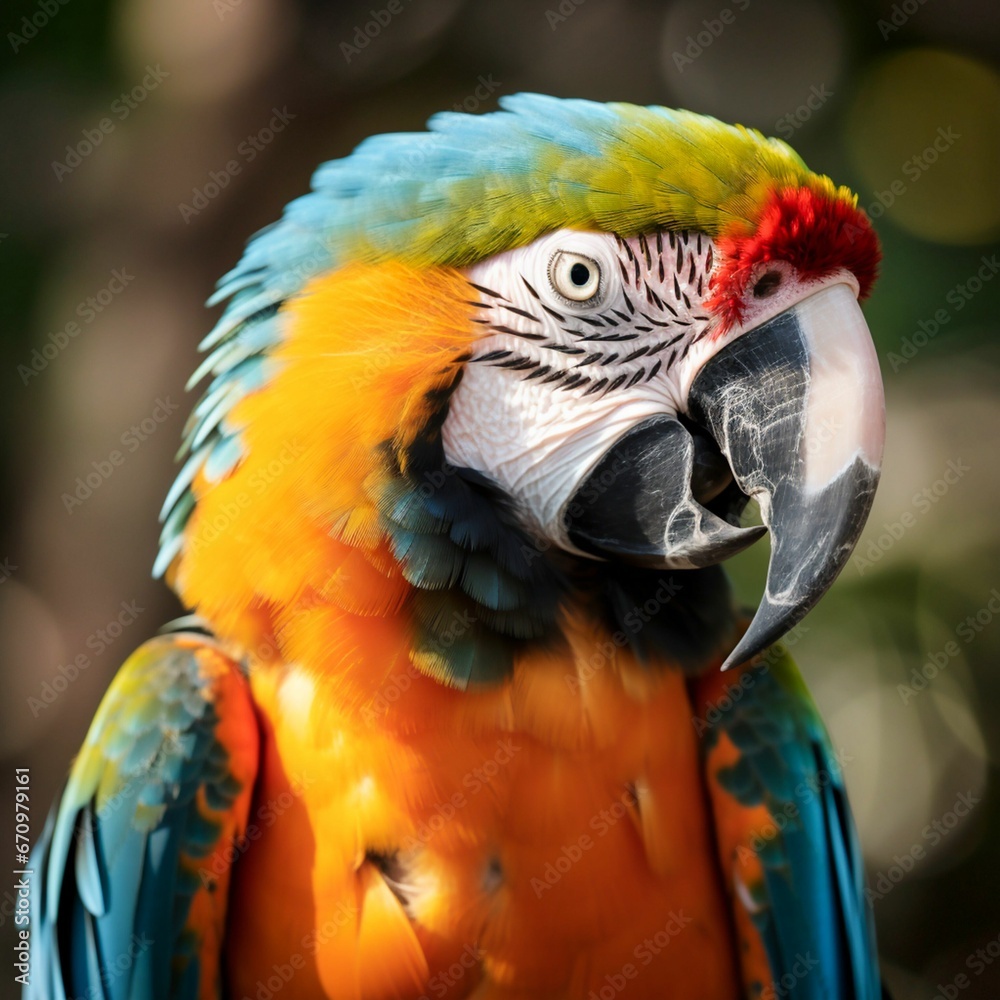close-up of a large macaw parrot bright colors,