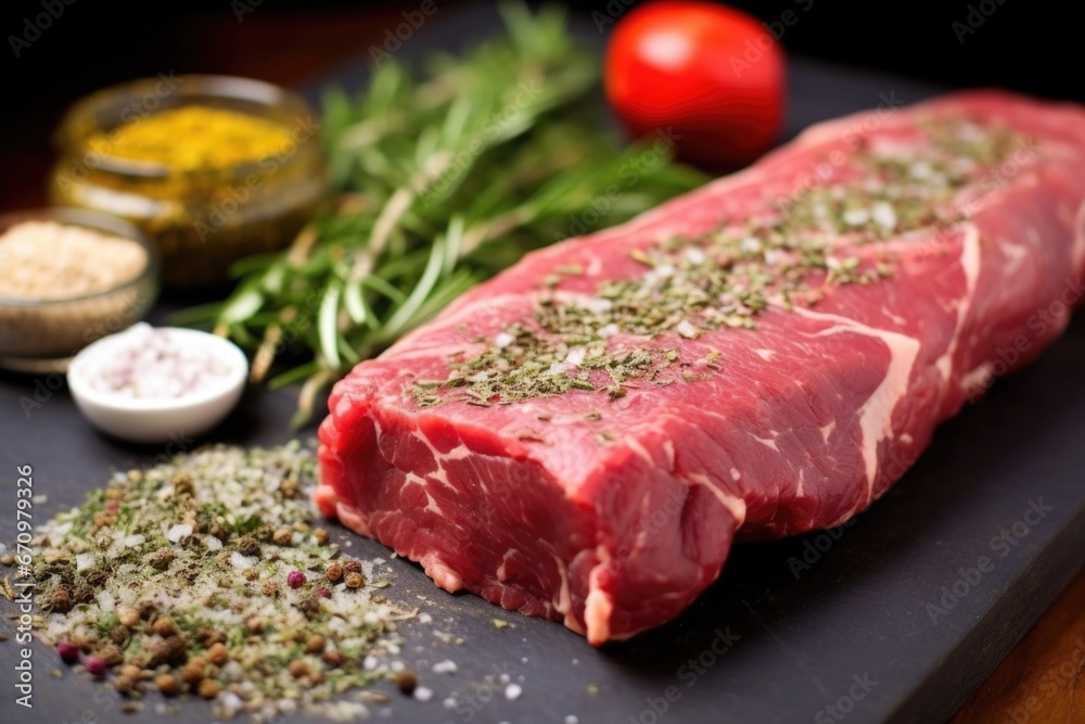 raw steak with herb rub, with rosemary and thyme in the foreground