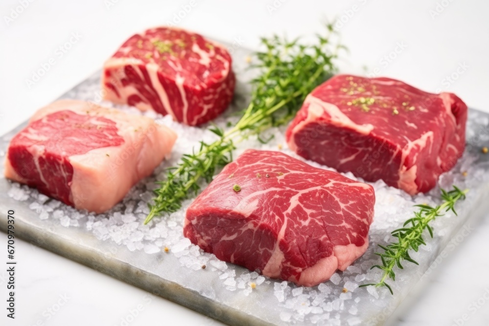 three raw steaks garnished with herb rub on marble slab three raw steaks garnished with herb rub on marble slab