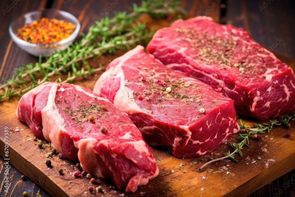 raw steaks covered in rub made from dried herbs