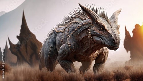 Jurassic Adventure: AI Generated Illustration of a Prehistoric Dinosaur in a Wild Landscape, Realistic © Norbert