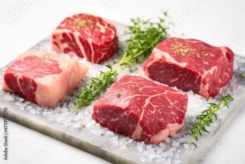 three raw steaks garnished with herb rub on marble slab