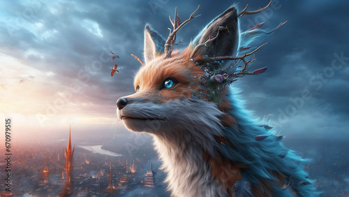 Mystical Fox Overlooking City at Sunset - AI generated Illustration, realistic