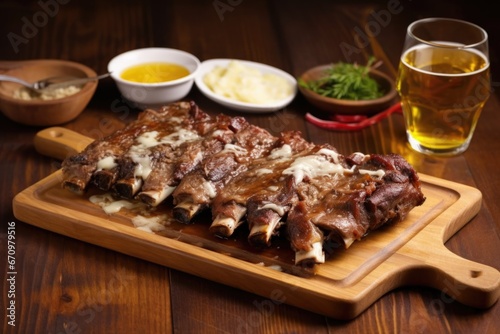 ribs with melted cheese on top, on a wooden tray