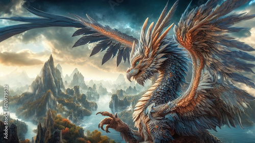 Dragon’s Flight Over Mountainous Landscape - AI generated Illustration, realistic   © Norbert