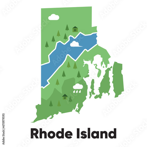 Rhode Island map shape United states America green forest hand drawn cartoon style with trees travel terrain