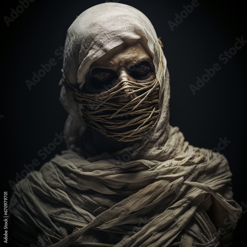 illustration of mummy with bandages spooky dirty old realistic, Generative ai