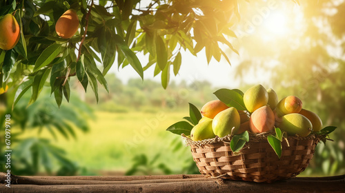 Mango in basket with leaves on wooden table and Mango tree farm with sunlight background. Made with generative ai