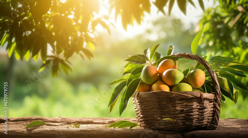 Mango in basket with leaves on wooden table and Mango tree farm with sunlight background. Made with generative ai © Farid