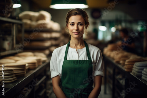 Smiling beautiful woman baker in uniform stands near the oven before the start work bakery production of pastries.