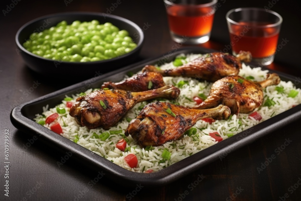 jerk chicken drumsticks paired with rice and peas on a slate