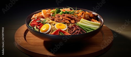 Jajangmyeon dish beautiful on a wooden table photo