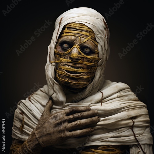 illustration of mummy with bandages spooky dirty old realistic, Generative ai