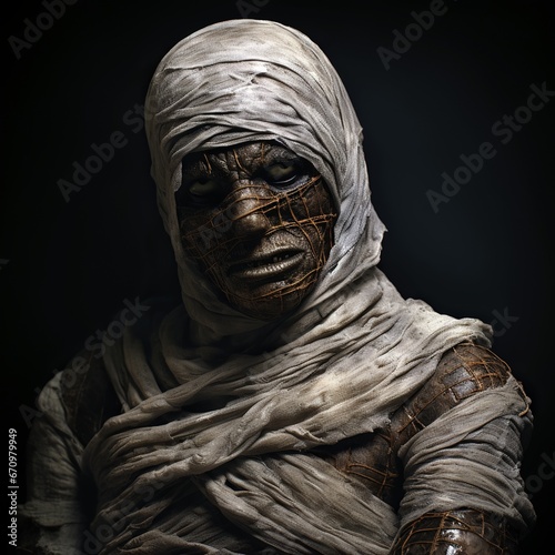 illustration of mummy with bandages spooky dirty  old realistic, Generative ai