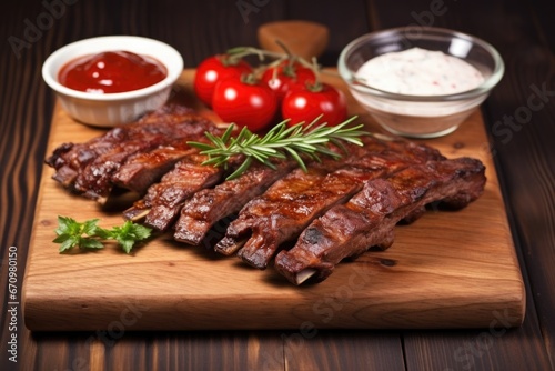 ribs with sauce on a plain wooden plate, no garnish
