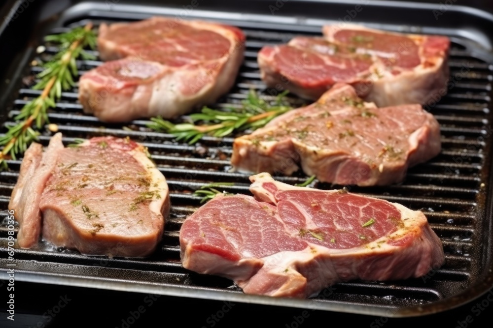 semi-cooked lamb chops featuring grill marks on a stovetop grill pan semi-cooked lamb chops featuring grill marks on a stovetop grill pan