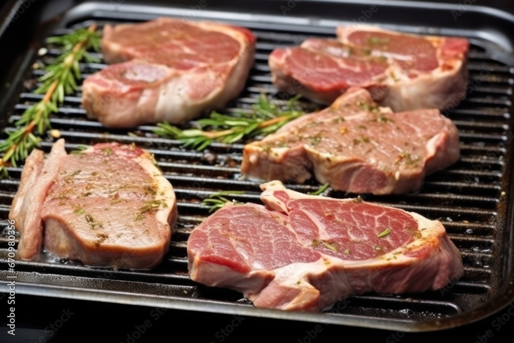 semi-cooked lamb chops featuring grill marks on a stovetop grill pan