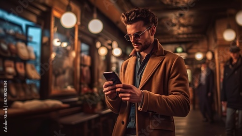 a man wearing glasses and a coat looking at a cellphone