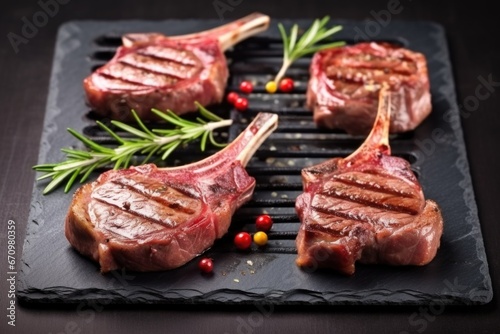 lamb chops with grill marks garnished with rosemary on a slate board