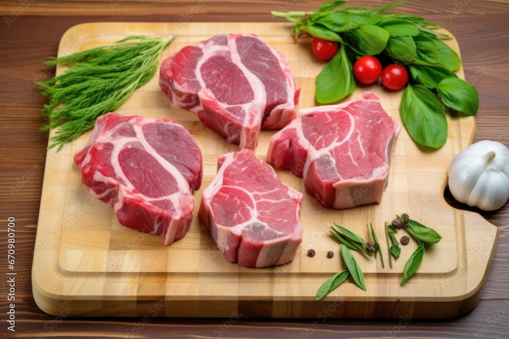 overhead shot of lamb chops with grill lines on a wooden chopping board