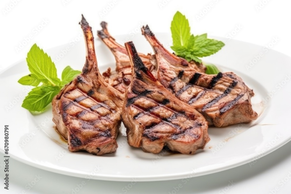 close-up of freshly grilled lamb chops on a white ceramic plate