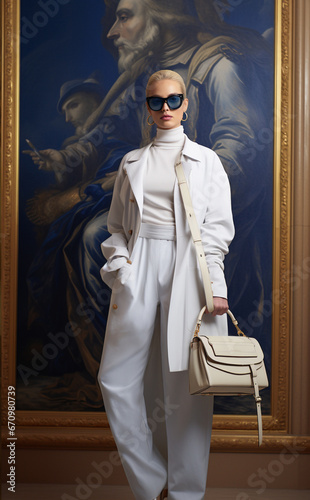 a woman dressed in all white and gold posing with a handbag, in the style of neoclassicit, mix of masculine and feminie elements carpetpunk photo