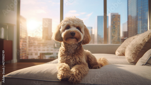 Cozy living room, happy dog