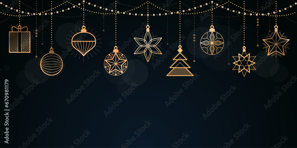 Christmas and Happy New Year banner with golden decorations - obrazy, fototapety, plakaty 