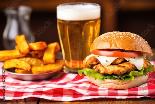 chicken burgers next to filled beer glass on a checkered tablecloth