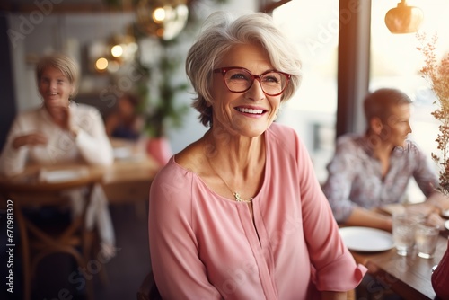 The senior Woman smiles and talks with a friend in the restaurant, Restaurant Reunion: Joyful Senior Smiles