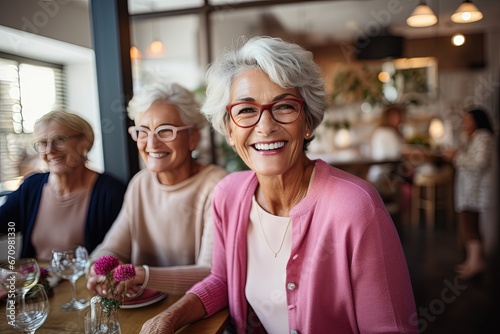The senior Woman smiles and talks with a friend in the restaurant, Restaurant Reunion: Joyful Senior Smiles
