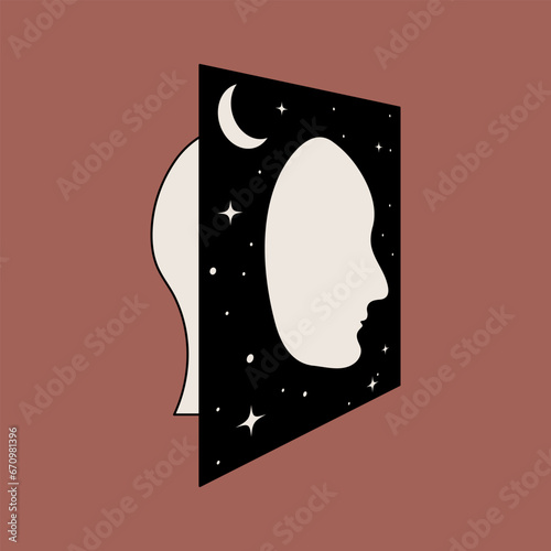 Silhouette of a human head in a dream, mental health. Deep meditation concept. Vector illustration, EPS 10