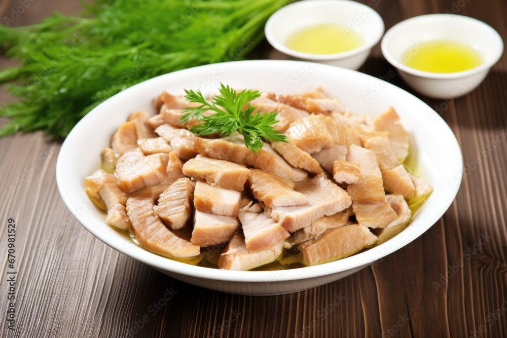 a heap of marinated pork belly strips in a white bowl