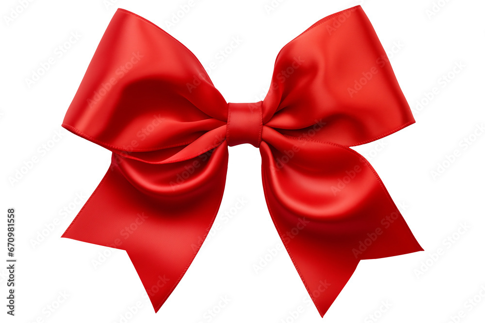 Realistic red bow on transparent background. Christmas satin bow. Festive New Year decorations