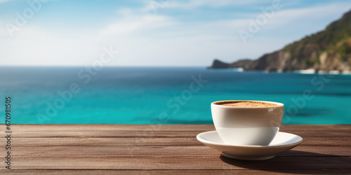 Cup of coffee on wooden rustic worktop overlooking turquoise ocean in summer Sunshine