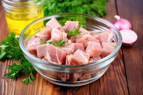 raw marinated pork belly slices in a glass bowl, ready to cook