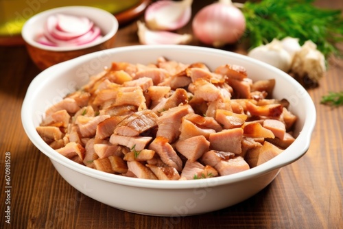 a heap of marinated pork belly strips in a white bowl