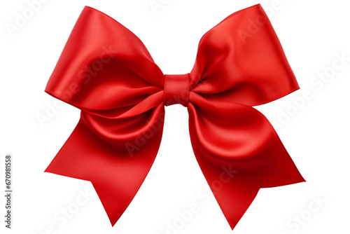 Realistic red bow on transparent background. Christmas satin bow. Festive New Year decorations