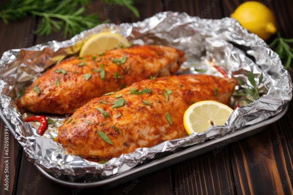turkey cutlets coated in spicy marinade resting on aluminum foil turkey cutlets coated in spicy marinade resting on aluminum foil