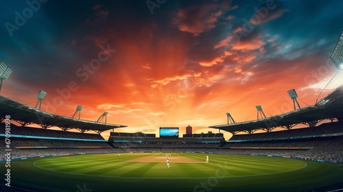 A panoramic, high-definition image of a cricket stadium that showcases the stark difference between the bright daylight and the vibrant evening atmosphere when the stadium lights come on.