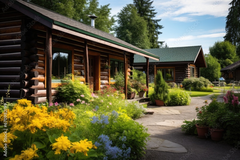 log cabins exterior view with a lush garden backdrop