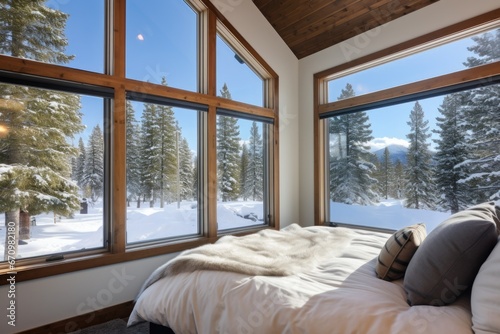 large bedroom window in a cabin offering snow-capped views © primopiano