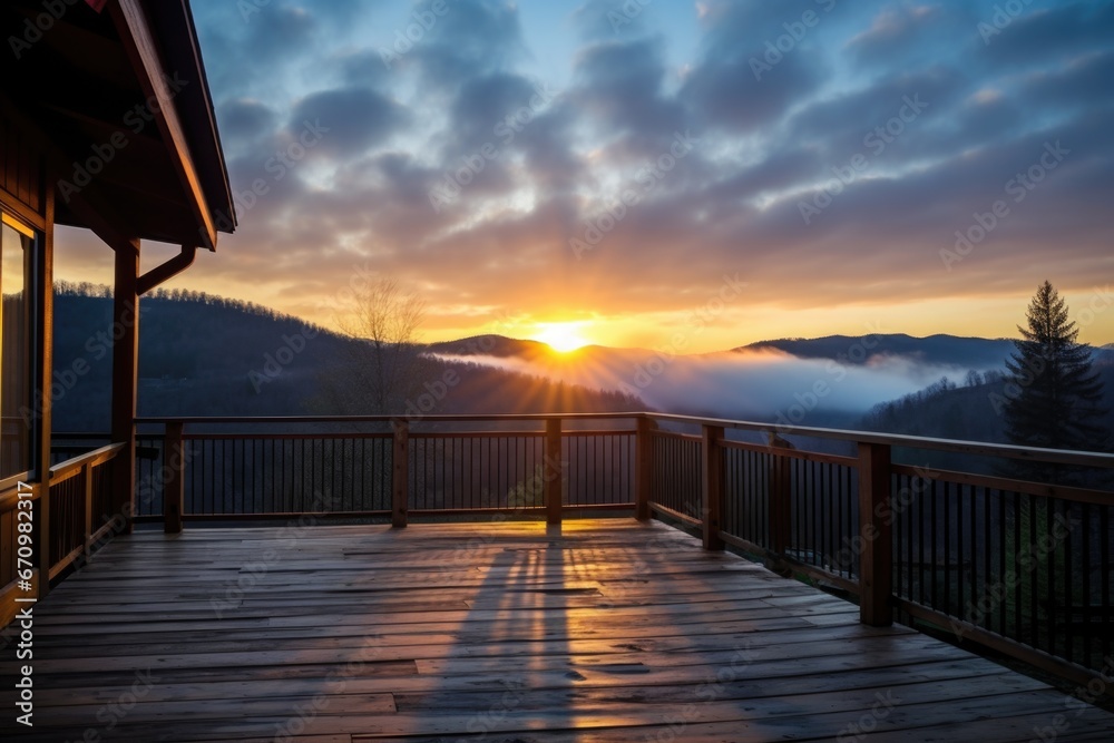 wooden deck of a mountain cabin at sunrise