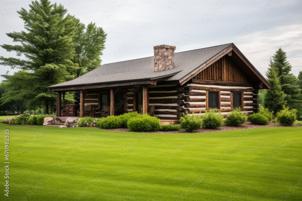 stone-built log cabin viewed from a distance