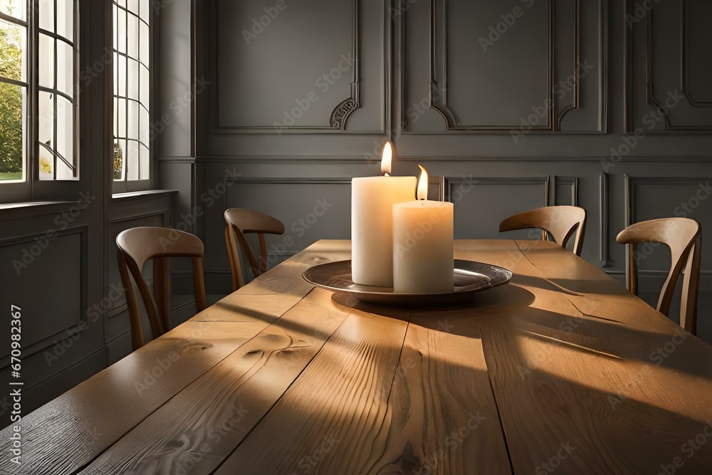 The warm radiance of lighted candles on a brown wooden table sets a serene and enchanting mood - AI Generative The warm radiance of lighted candles on a brown wooden table sets a serene and enchanting mood - AI Generative