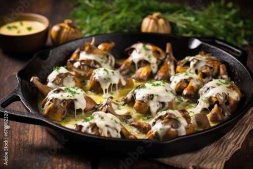 sizzling pan of hen-of-the-woods mushrooms stuffed with havarti