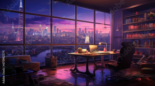 City modern office, large floor to ceiling windows in front of the city night view. © Ruslan Gilmanshin