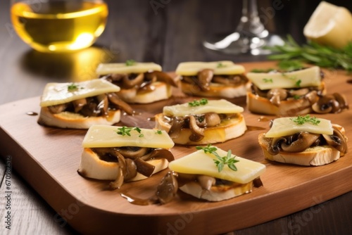 side view of honey mushroom tapas filled with manchego