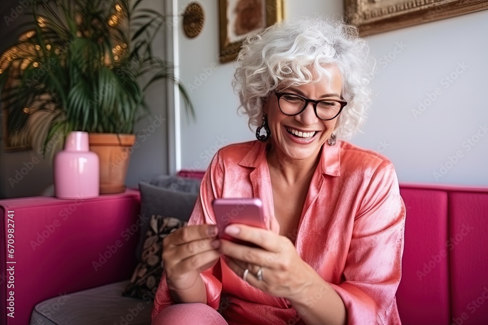 The senior Woman smiles and talks with a friend on the smartphone, Reunion: Joyful Senior Smiles The senior Woman smiles and talks with a friend on the smartphone, Reunion: Joyful Senior Smiles